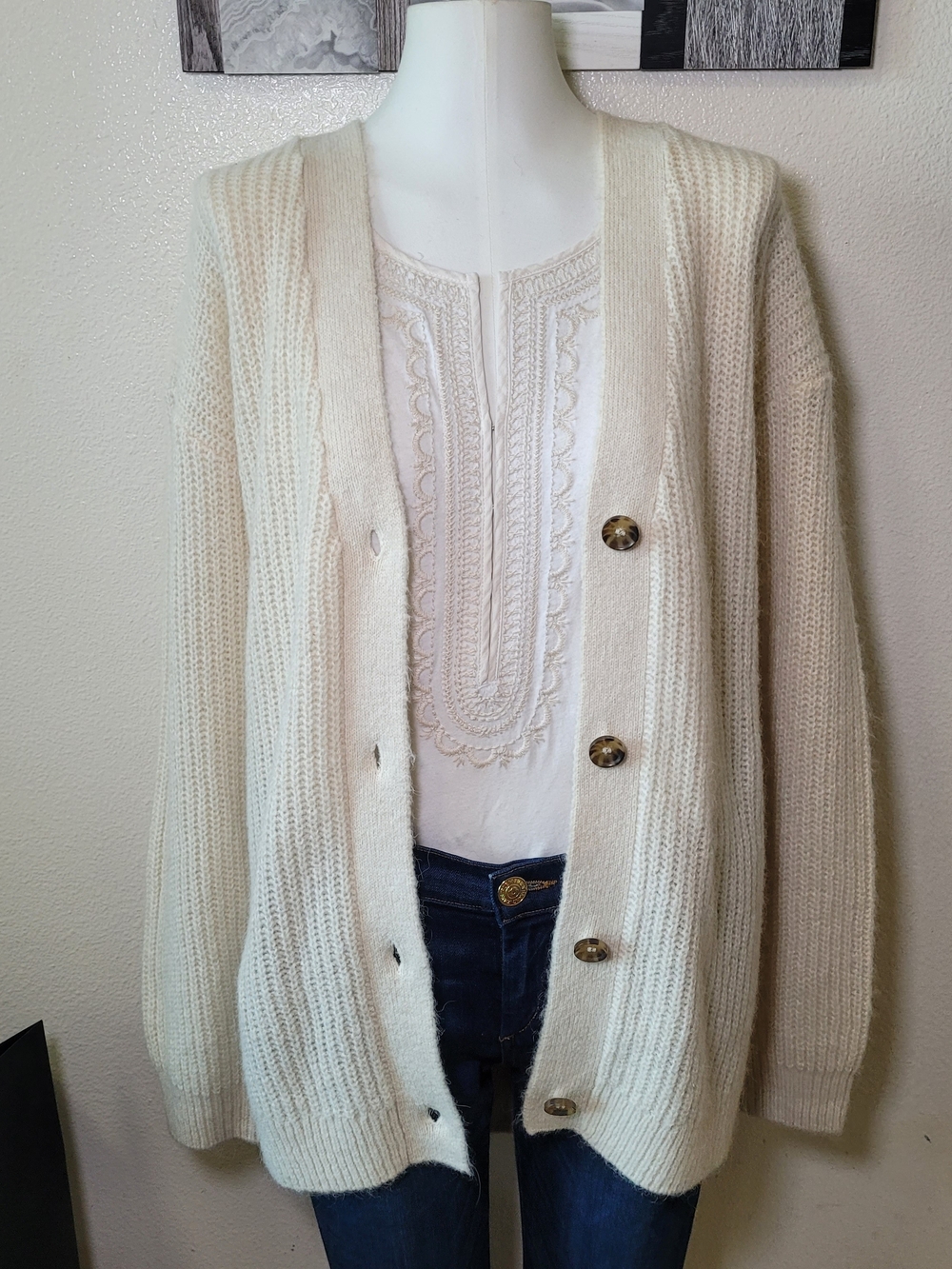 Marine Layer Cream Alpaca Blend Button-Up Oversized Knit Cardigan